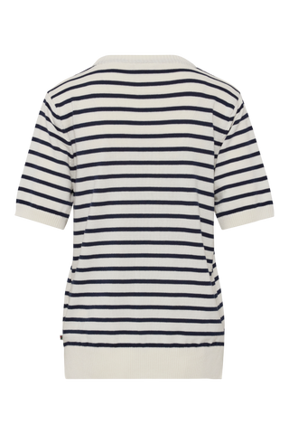 Dame strikbluse i hvid med navy striber fra Redgreen – bomuld / klassisk / kortærmet.