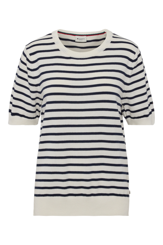 Dame strikbluse i hvid med navy striber fra Redgreen – bomuld / klassisk / kortærmet.