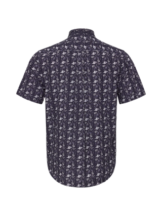 Mørkeblå kortærmet RedGreen herreskjorte med hvidt bladprint, knappestolpe og brystlomme