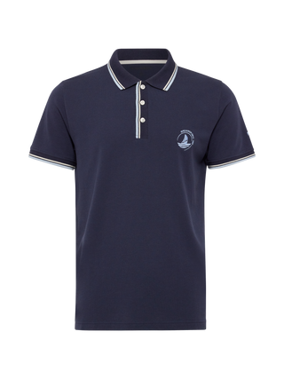 Navy kortærmet polo fra Redgreen i 100 % bomuld med kontraststribet krave og ærmekant samt lille sejlskibslogo.