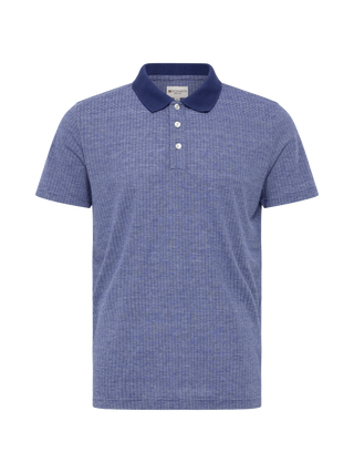 Blå kortærmet bomuldspolo med mørke blå ribkrave og melange‐struktur fra Redgreen.