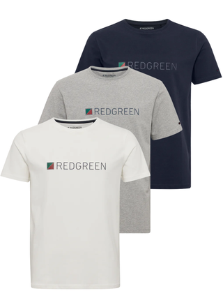 3-pak T-shirts til mænd fra Redgreen i hvid, grå og navy – med frontprintet logo og klassisk rund hals